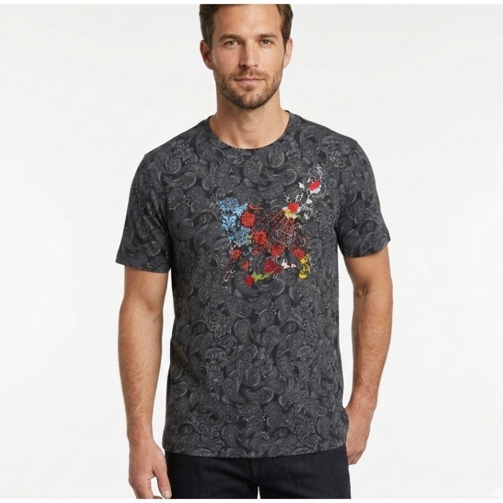 Robert Graham Shirt Mens L Gray Paisley Skeleton Hand Graphic Tee T-Shirt Casual
